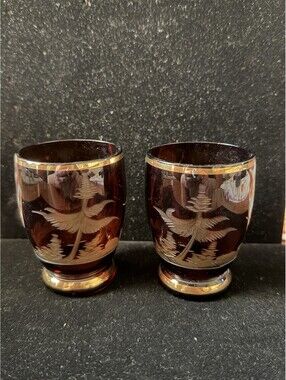 VINTAGE Egermann Amber GOLD RIM Czech Republic Bohemian Shot GLASS Asian Pair
